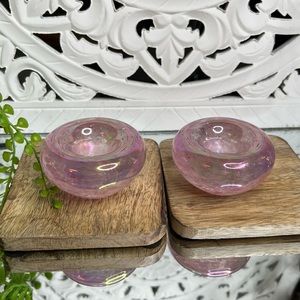 Item: Jan Benda. Hand blown glass pink iridescent tapered candle holders